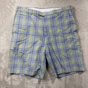 Peter Millar Plaid Shorts Mens 35 Blue Green Pima Cotton Flat Front 1511